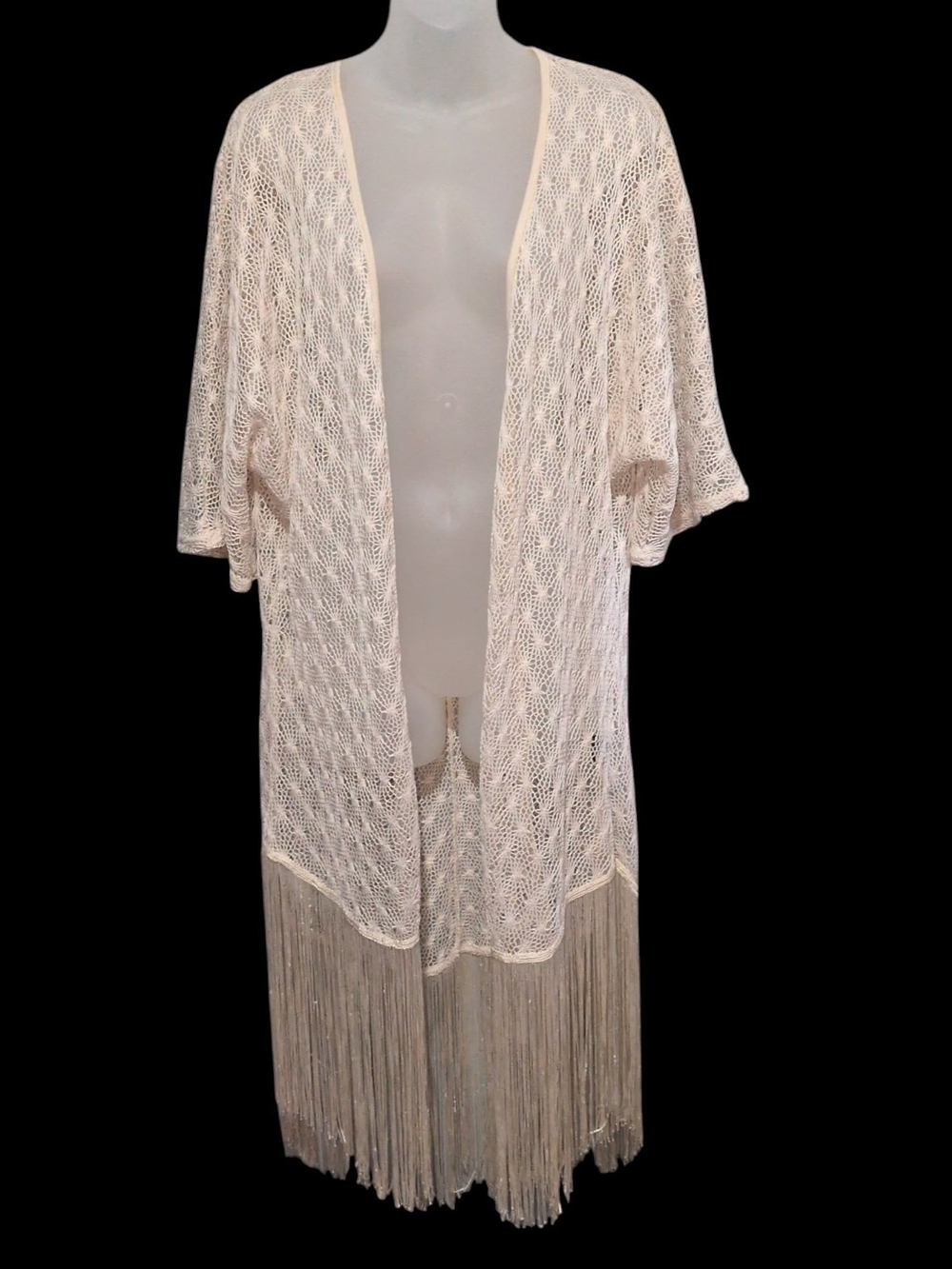 Fringed Crochet Kimono Duster in Cream